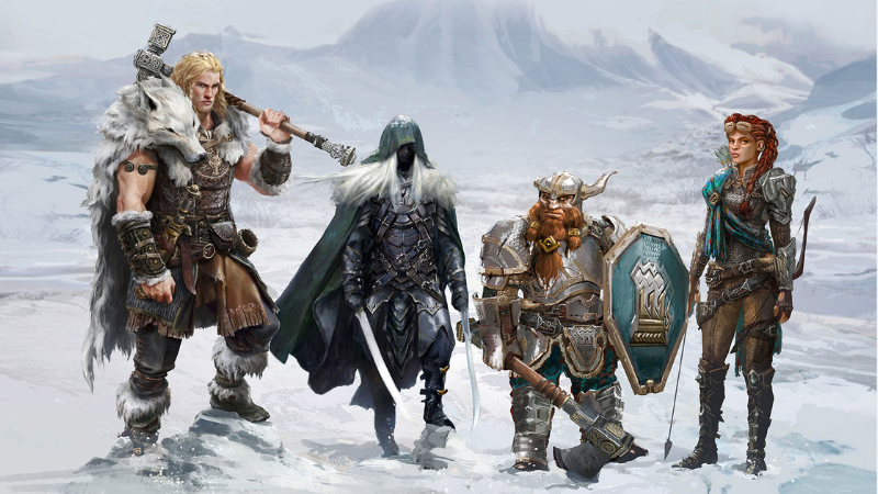 Concept art for the "Dungeons & Dragons: Dark Alliance" video game, featuring the playable characters of Wulgar, Drizzt, Catti-Brie and Bruenor.