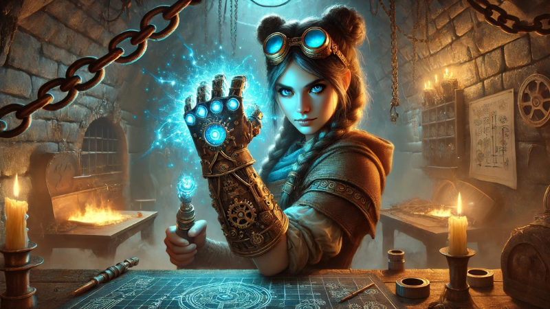 New DnD 2024 artwork featuring a female artificer wielding a magical mechanical gauntlet in her underground laboratory.