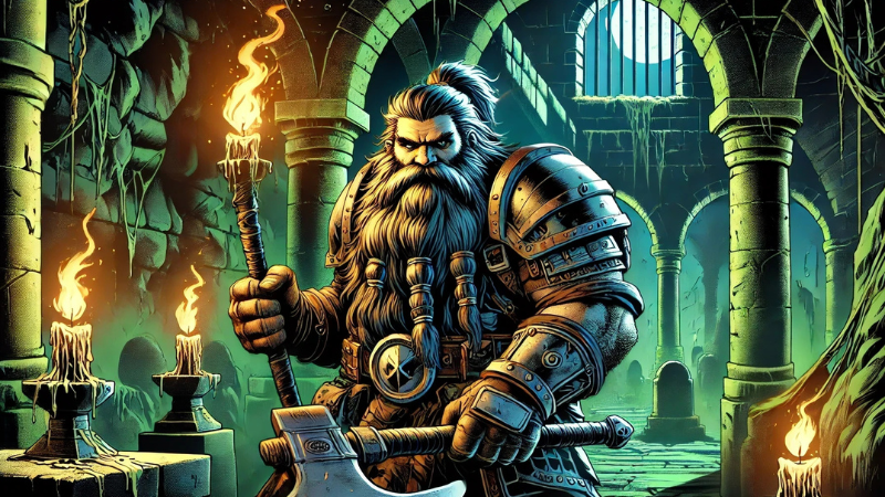 Concept art for the "Dungeons & Dragons Horrified" board game, featuring a dwarf warrior in a creepy dungeon.