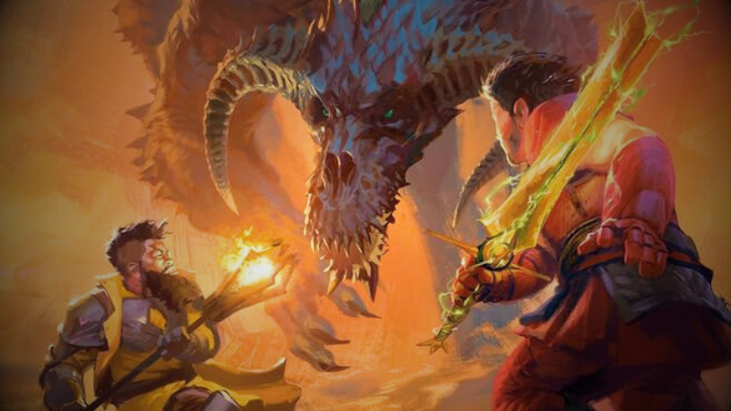 Cover art for the new D&D Novel "The Fallbacks: Dealing With Dragons," featuring the dwarf Baldric and fighter Anson fighting a black dragon.