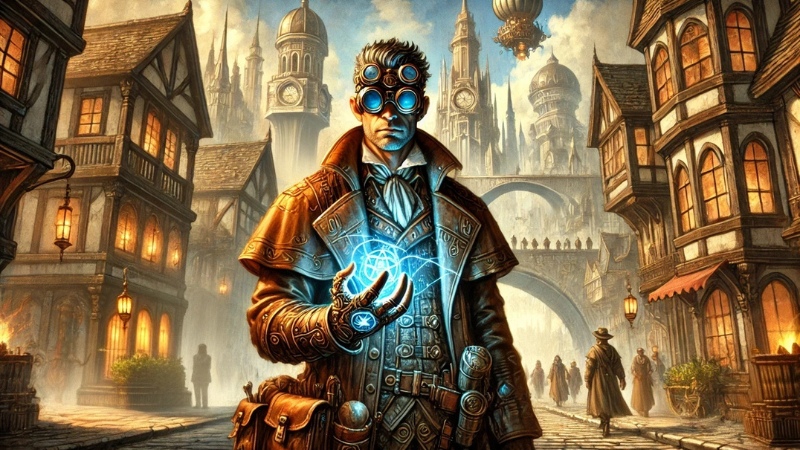 Concept art for the DnD book "Eberron: Forge of the Artificer," feature a human male artificer wandering down a city street.