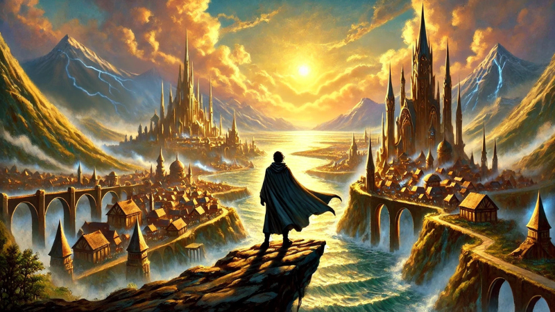 2025 concept art for the Forgotten Realms Player's Guide, featuring a lone adventurer looking out over a sprawling fantasy city at sunset.