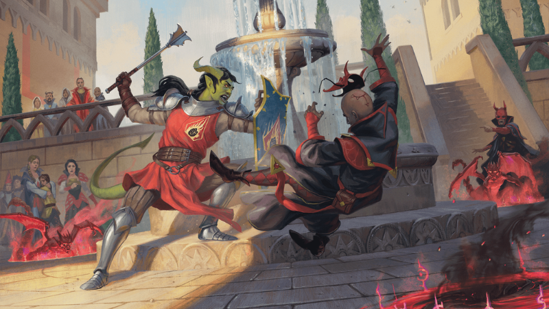 Official D&D 2024 artwork, featuring a mace-wielding orc fighter from the Flaming Fist Mercenary company doing battle against cultists on a city street.