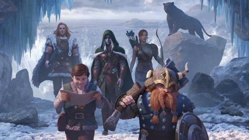 D&D artwork featuring Drizzt Do'Urden and the Companions of the Hall wandering into an icy cavern.