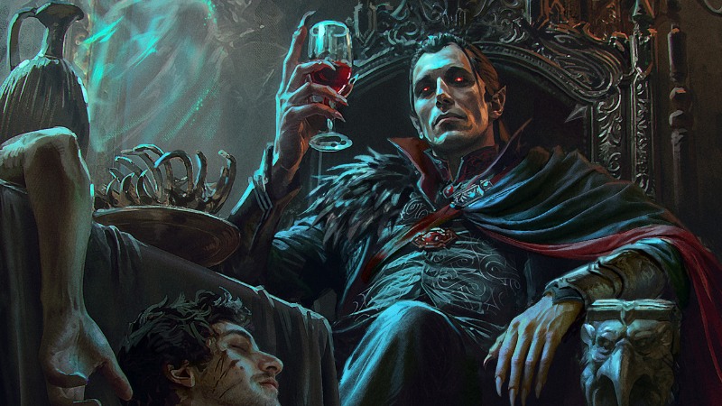 Official cover art from the new D&D sourcebook "Ravenloft: The Horrors Within," featuring the vampire lord Strahd lounging on a chair and drinking blood from a crystal wine glass.