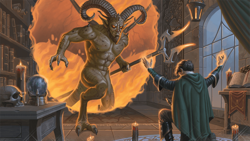 Official D&D artwork from Wizards of the Coast, featuring a young wizard bowing in supplication to a demon emerging from a portal to the Abyss.