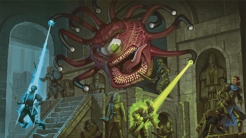 Official D&D artwork, featuring a beholder in a dungeon firing off multiple eye rays at a group of adventurers in a dungeon.