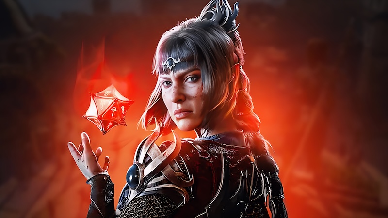 Art from Baldurs Gate 3, showing a female elven wizard with a glowing red orb floating above her hand.