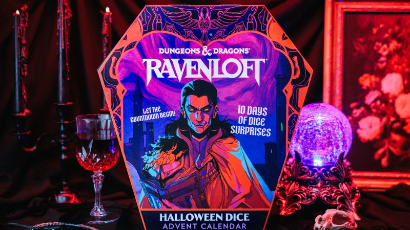 The official Ravenloft D&D Halloween Dice Advent Calendar from FanRoll, featuring 2026 art of the vampire lord Strahd.