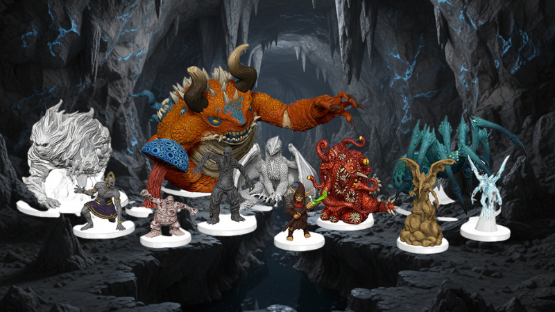 The new WizKids Monster Manual Collection II miniatures set against a background of an underground cavern.