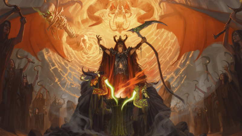 Official D&D artwork, featuring an evil sorcerer casting a ritual with hundreds of dark cultists gathered around him as demons emerge from portals behind him.