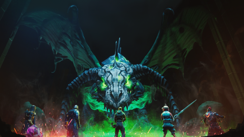A screengrab showing a group of Fortnite characters facing down a dragon in the new official D&D collab between Wizards of the Coast and creator Chartis and Teravision Games.