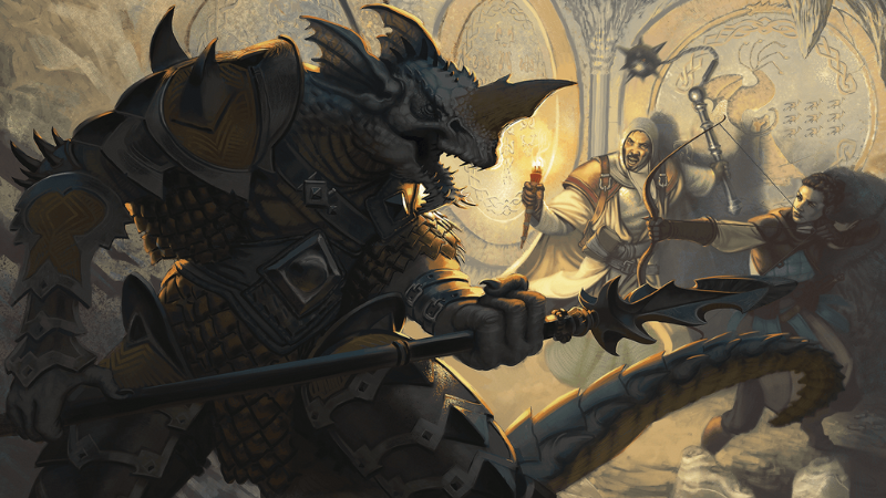 Official D&D artwork, featuring an armor-clad monster with a spear facing down a cleric and ranger in a dungeon.