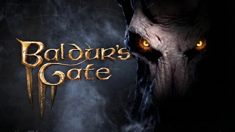 Art from Baldur's Gate 3, featuring the logo and creepy mindflayer in a dark chamber.