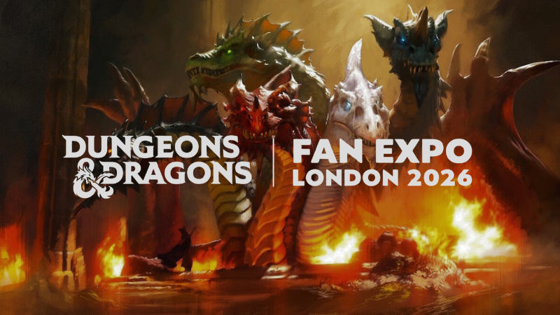 The D&D Fan Expo London 2026 logo in front of a picture of the dragon goddess Tiamat.