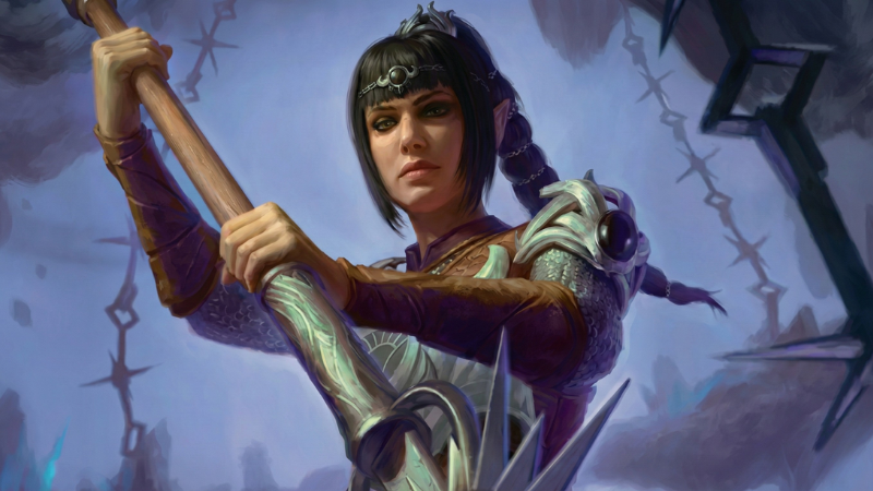Official art from the "Roll for Initiative" Magic: The Gathering D&D Superdrop, featuring the character of Shadowheart from Baldur's Gate 3 holding out her staff in battle.