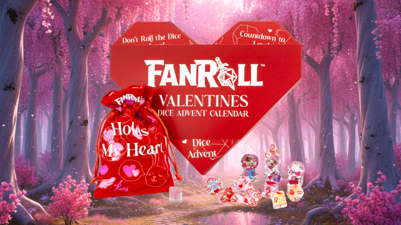 FanRoll's 2026 D&D Valentine's Day Advent Calendar dice set set against a forest filled with pink trees.
