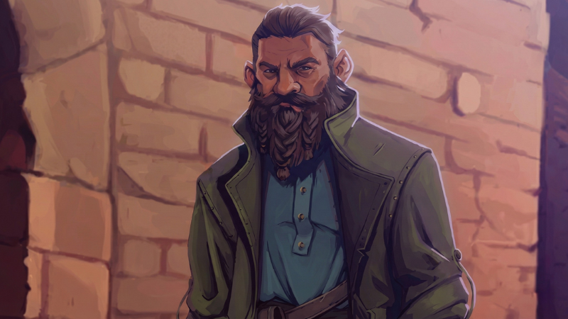 Official art from the Pugilist Class on D&D Beyond, featuring a gruff dwarven fist fighter walking down an alleyway.