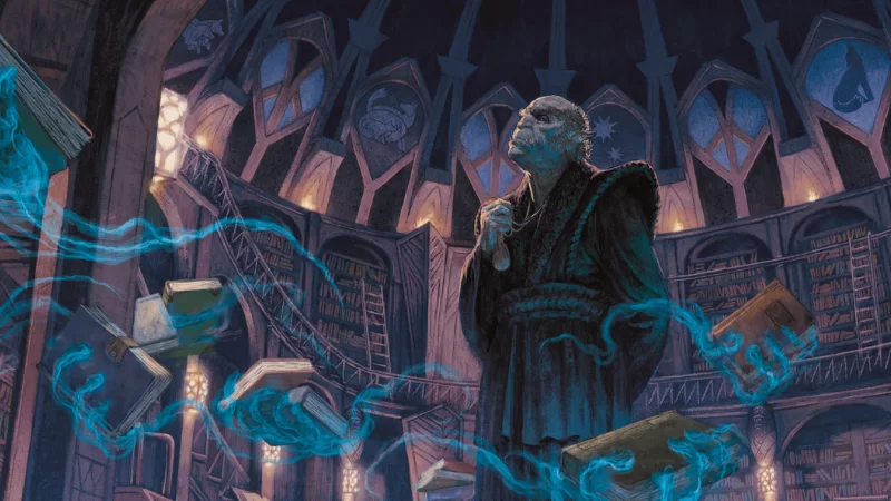 Official D&D artwork from 2026, featuring an elderly orc scholar in a library use multiple glowing blue mage hands to pull books off shelves.