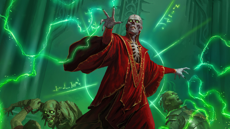 Official cover art for the D&D adventure "Arcana Unleashed: Deadfall," featuring the Red Wizard lich Szass Tam casting a spell that has surrounded him with glowing green energy.