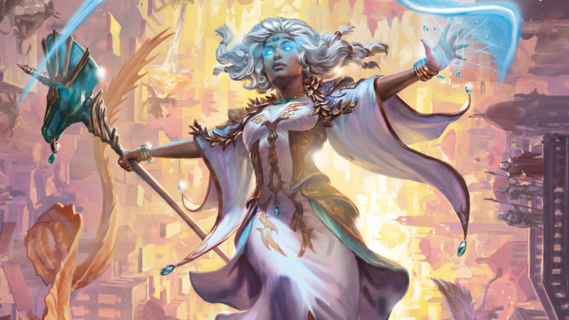 Official cover art from D&D: Arcana Unleashed, featuring a beautiful female sorcerer with glowing blue eyes casting a spell as she floats over a bizarre interdimensional city.
