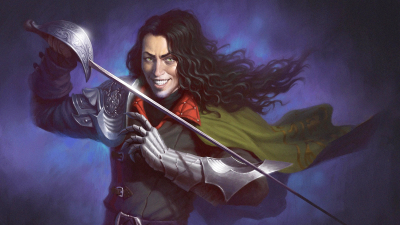 Official art from Critical Role Campaign 4, featuring Daredevil Fighter Sir Julien Davinos grinning, holding out a rapier and preparing for battle.