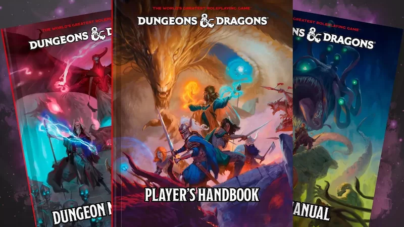 The covers to the three core books that make up D&D 5.5e.