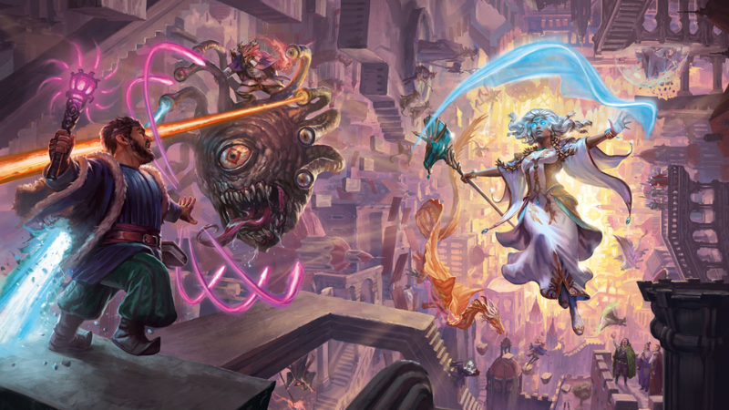 Official cover art from D&D: Arcana Unleashed, featuring a beautiful female sorcerer and male dwarf cleric battling a beholder in a pocket dimension.