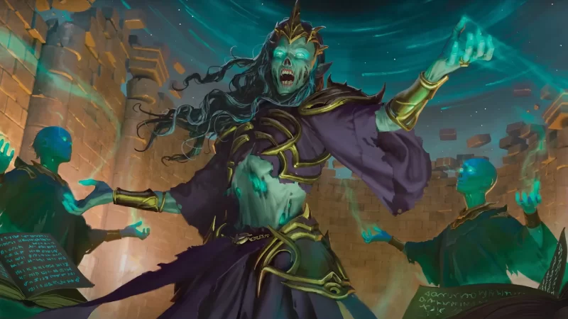 Official D&D artwork from the 2024 core rules, featuring a female lich casting a spell in a dungeon.