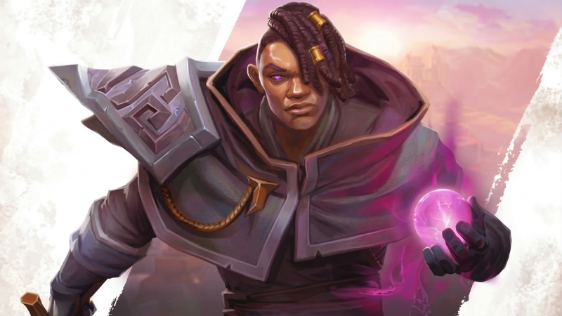 Official art from Demeo x Dungeons & Dragons: Battlemarked, featuring a new dark skinned female warlock with dreadlocks and glowing purple eyes casting a spell.