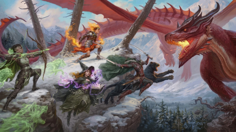 Official D&D promotional artwork for Gen Con, featuring a group of heroes battling a red dragon.
