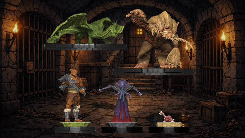 Some of the new D&D HeroClix Series One Set figures in front of a dungeon background.