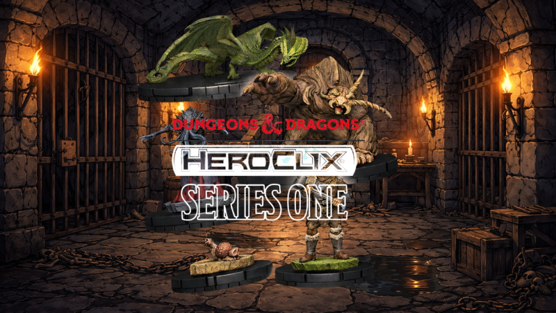 The official logo for the new D&D HeroClix Series One Set, featuring several of the miniatures in front of a dungeon background.