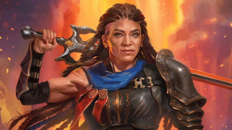 Official D&D artwork of a female Fighter Champion holding a sword over her shoulder and standing in front of a fiery lava filled chamber.