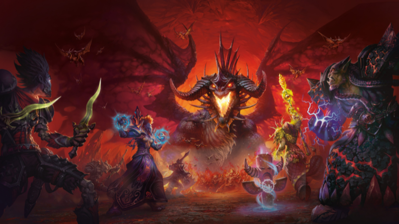 Official artwork from the D&D Season of Champions, featuring a group of World of Warcraft adventurers facing down a dragon.