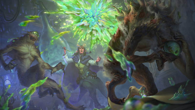 Official D&D art, featuring a female tiefling magic user casting an acid splash spell that is spraying two one-eyed Nothic monsters in a dungeon.