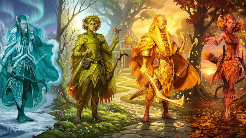 Official D&D art featuring four Eladrin in their seasonal forms of Winter, Spring, Summer and Fall.