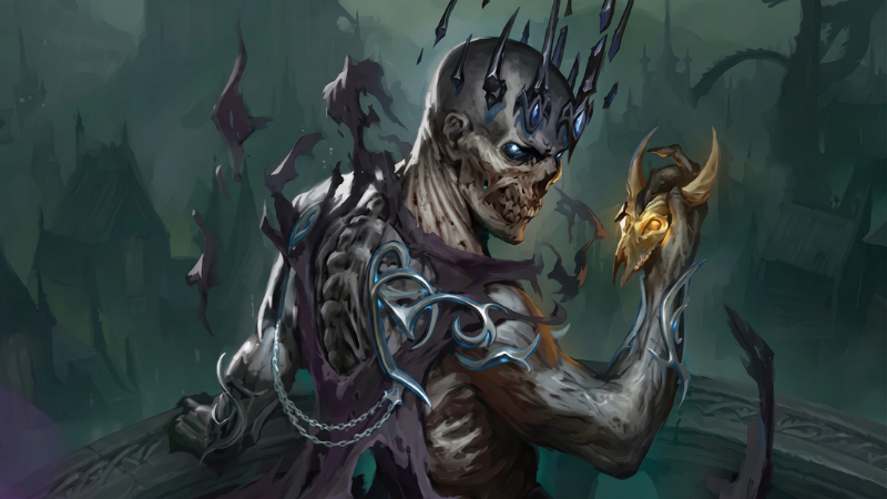 Official artwork from the D&D sourcebook "Ravenloft: The Horrors Within," featuring a lich-like Darklord looking over a shadowy domain and holding a glowing animal skull in one hand.