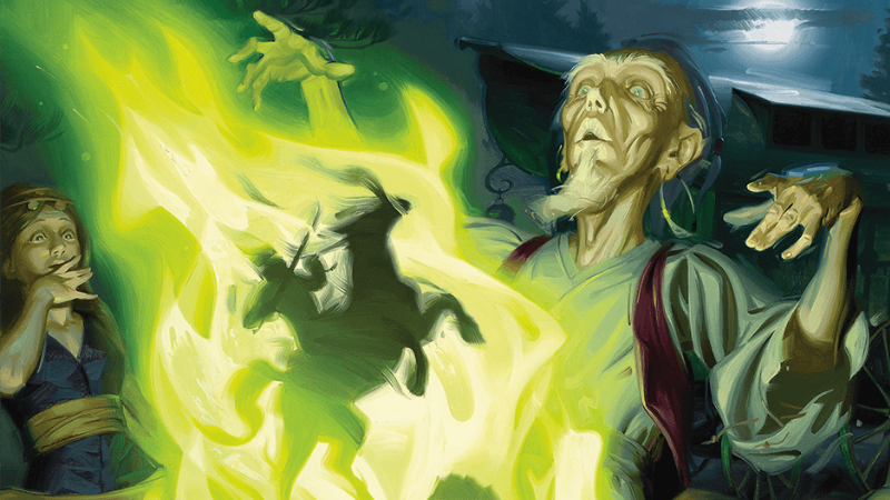 Official D&D artwork, featuring an elderly Vistani fortune teller from Ravenloft looking into green flames and seeing the outline of a dark rider.
