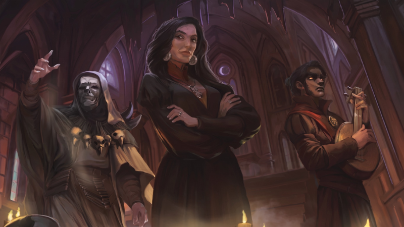 Official art from Beadle & Grimm's Ravenloft: The Horrors Within box set, featuring a female sorcerer, male bard and robed cultist from the Domains of Dread.