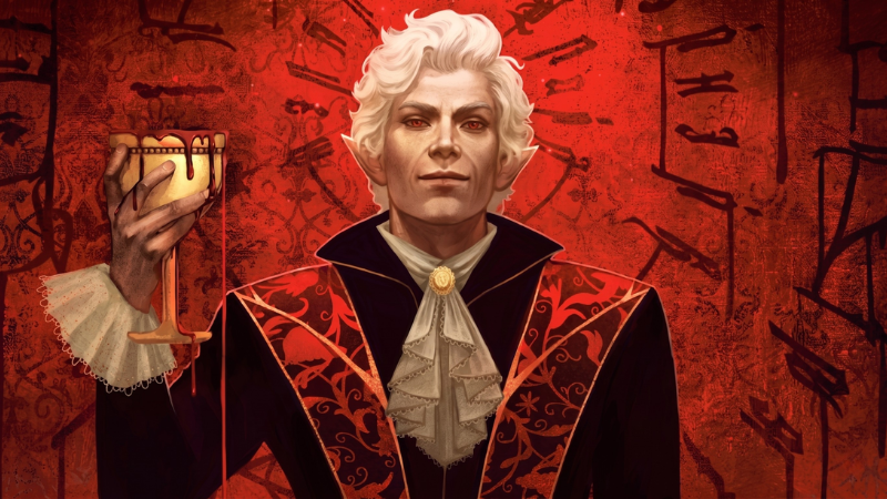 Cover art from the new novel "Baldur's Gate 3: Astarion" by T. Kingfisher, featuring the titular vampire spawn holding up a golden goblet dripping with blood.