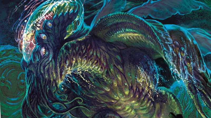 Official D&D artwork from Ravenloft: The Horrors Within, featuring the ancient Old One Cthulhu stalking forward on a dark night.