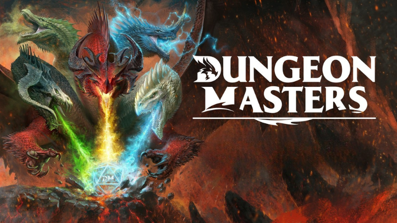 Official promotional art for the new Dungeon Masters D&D actual play series, featuring the five-headed dragon goddess Tiamat in the Nine Hells unleashing her breath weapons on a group of adventurers.