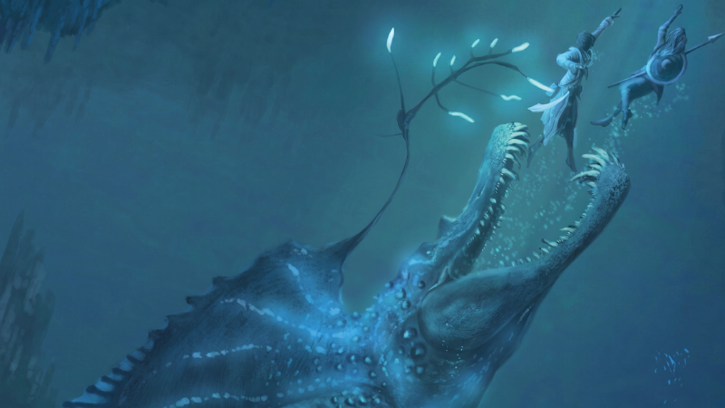 Official art from Dr Dhrolin’s Dictionary of Dinosaurs on D&D Beyond, featuring two adventurers underwater swimming for the surface as a massive dinosaur closes on them from below.