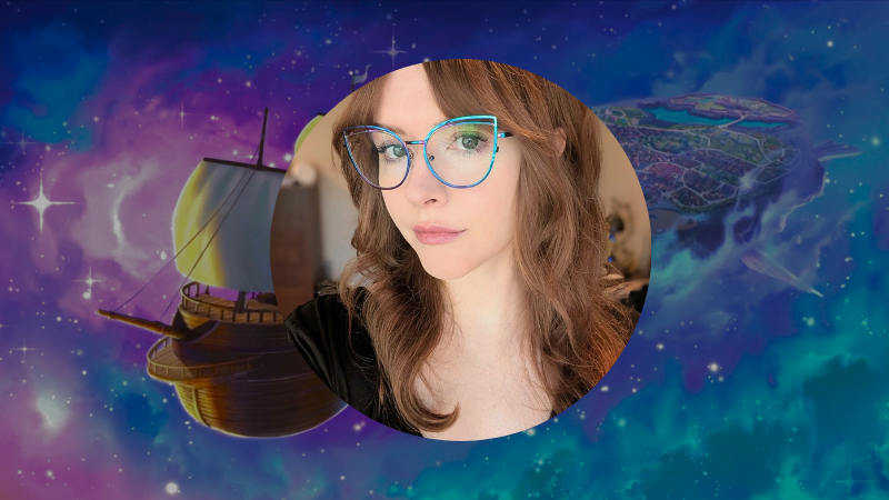 A photograph of D&D production artist Meagan Kenreck in front of a background image of space from the Spelljammer setting.