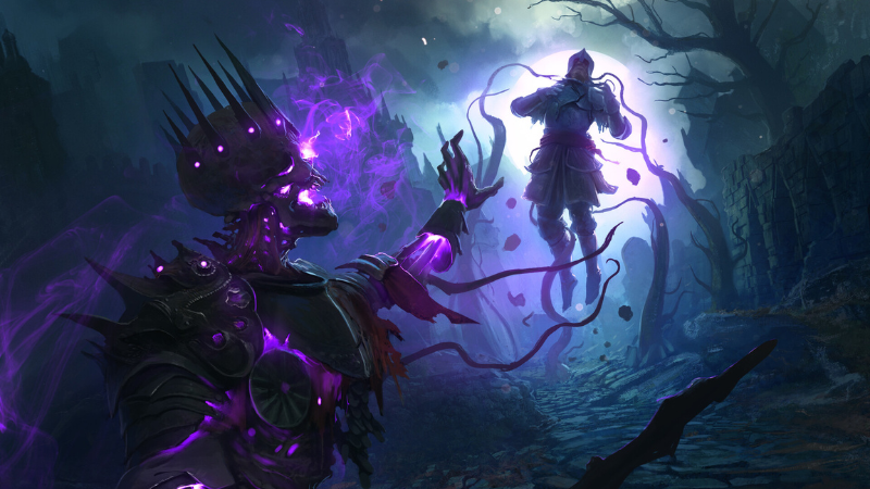 Artwork from Grimhollow for D&D 5E, featuring a lich bathed in purple energy and casting a spell that is lifting a helpless adventurer off the ground.