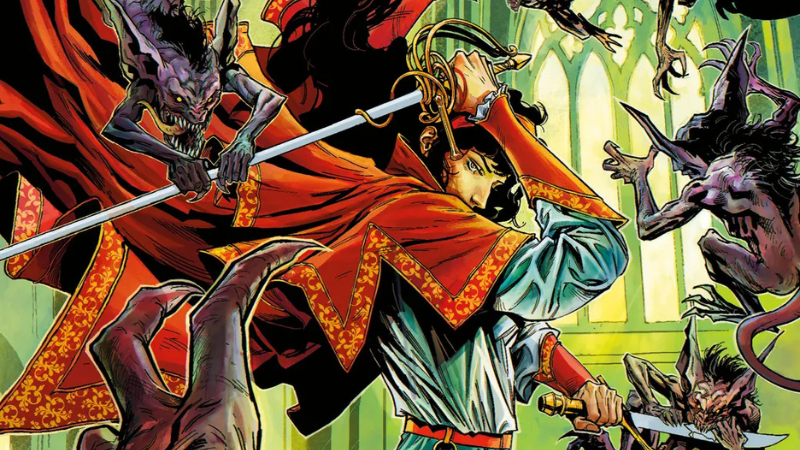 Official art from the Dark Horse comic book series "Dungeons & Dragons: Ravenloft," featuring a beautiful sword wielding warrior battling small demons in a castle.