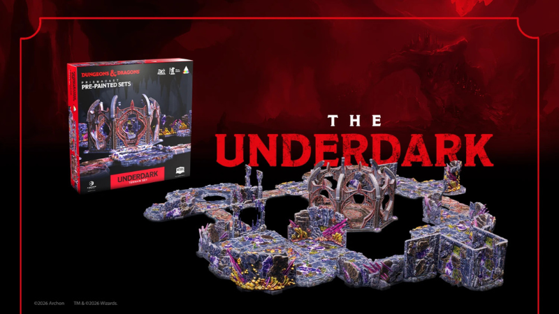 The new Underdark D&D terrain set from Archon Studio, featuring the box next to the fully assembled pieces.