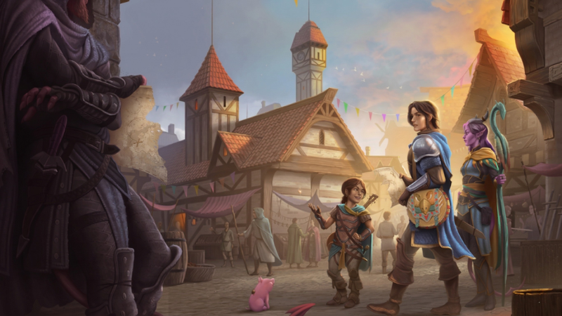 Official art from the Griffons Saddlebag: Book One, featuring three adventurers equipped with a range of magic items wandering through a fantasy city.