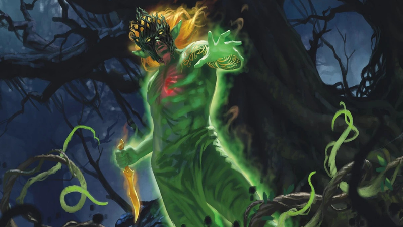 Official artwork from Wizards of the Coast, featuring a creepy elven Ranger glowing with green energy and holding a dagger in one hand in a dark forest.